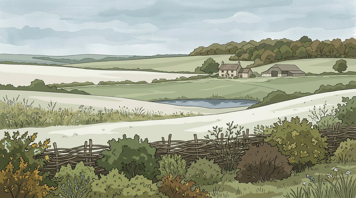 A field margin and hedgerow on Wyke Farm, Dorset, with farmland running toward woodland in the background